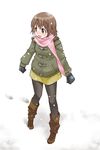  black_gloves black_legwear boots brown_eyes brown_hair full_body gloves mattaku_mousuke original pantyhose pink_scarf scarf short_hair snow solo standing 