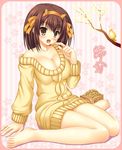  areola_slip areolae barefoot bird blush bottomless breasts brown_hair cleavage dress feet large_breasts mamemaki masu naked_sweater setsubun sitting solo suzumiya_haruhi suzumiya_haruhi_no_yuuutsu sweater sweater_dress uehiro wariza 