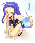  ahoge arm_support ayase_yue blue_eyes blue_hair braid casual_one-piece_swimsuit drinking_straw food foreshortening halterneck haruka_shiya juice_box mahou_sensei_negima! mouth_hold one-piece_swimsuit popsicle sandals solo squatting swimsuit twin_braids 