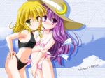  alternate_headwear bikini black_bikini blonde_hair blush character_name cloud hand_on_hip hat kirisame_marisa multiple_girls no_hat no_headwear patchouli_knowledge purple_hair side-tie_bikini swimsuit touhou yamu_(reverse_noise) 