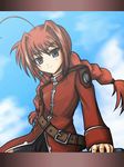  ahoge asano_yumemare belt blue_eyes blue_sky braid buckle cloud day dress letterboxed long_hair looking_at_viewer lyrical_nanoha mahou_shoujo_lyrical_nanoha_strikers red_dress red_hair sky solo twin_braids very_long_hair vita 