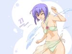  ahoge aqua_sarong bikini haruka_shiya mahou_sensei_negima! midriff miyazaki_nodoka one_eye_closed purple_hair red_eyes sarong short_hair solo swimsuit translucent_sarong water 