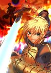  2boys armor artoria_pendragon_(all) blonde_hair blood blood_on_face emiya_kiritsugu emiya_shirou fate/stay_night fate/zero fate_(series) green_eyes mgk968 multiple_boys saber silhouette sword weapon younger 