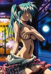  absurdres aqua_hair breast_hold breasts candle covering covering_breasts crease divergence_eve green_eyes highres huge_breasts japanese_clothes kimono kureha_misaki long_hair official_art open_mouth scan scan_artifacts side_ponytail sitting solo undressing yamashita_toshinari 