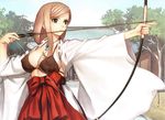  aiming archery arrow blonde_hair bow_(weapon) bra breasts brown_eyes cleavage drawing_bow hakama highres holding holding_arrow holding_bow_(weapon) holding_weapon japanese_clothes kyuudou large_breasts lingerie long_hair magatama miko open_clothes open_shirt outstretched_arm red_hakama shining_(series) shining_wind shirt solo tanaka_takayuki third-party_edit touka_kureha underwear weapon 