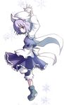  ankle_boots apron arms_up black_footwear blue_dress blush boots dollar dress from_side full_body leg_up letty_whiterock long_sleeves purple_eyes purple_hair short_hair simple_background smile solo standing standing_on_one_leg touhou waist_apron white_background 