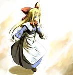  apron blonde_hair blue_dress bow bowtie doll dress hair_bow long_hair long_sleeves looking_at_viewer red_bow red_neckwear shanghai_doll sidelocks solo sorano_eika touhou very_long_hair waist_apron 