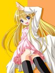  blonde_hair blue_eyes blush dress flat_chest frills from_below happy ko-chin labcoat long_hair looking_back pani_poni_dash! panties pantyshot rebecca_miyamoto salute solo thighhighs underwear white_panties 