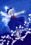  artist_request bangs blue_bow blue_dress blue_hair bow cirno closed_mouth danmaku dress full_body hair_bow ice ice_wings neck_ribbon puffy_short_sleeves puffy_sleeves red_ribbon ribbon shirt short_hair short_sleeves snow socks solo source_request touhou white_shirt wings 