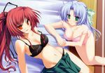  alicia_infans bed black_bra black_panties blue_hair bow bow_bra bra breasts cleavage green_eyes highres large_breasts lingerie long_hair magus_tale multiple_girls orange_eyes panties pink_bra pink_panties ponytail red_hair seera_finis_victoria tenmaso underwear underwear_only 