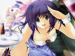  apron blue_sarong breasts cherry cleavage copyright_request covered_nipples drinking_straw food fruit green_eyes highres ice_cream iizuki_tasuku large_breasts open_mouth plaid plaid_sarong purple_hair ribbon salute sarong short_hair solo spoon thigh_gap tray waitress wrist_cuffs 
