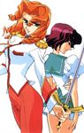  90s aiguillette arisugawa_juri artist_request blue_sailor_collar curly_hair green_eyes long_hair multiple_girls official_art ootori_gakuen_school_uniform orange_hair red_hair sailor_collar school_uniform short_hair shoujo_kakumei_utena sword takatsuki_shiori weapon white_background 