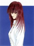  90s angel_flavor artbook blue_background buttons collared_shirt dress_shirt kurenai_kasumi long_hair looking_at_viewer nanase_aoi red_eyes red_hair seraphim_call shirt simple_background solo upper_body white_shirt 