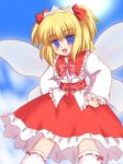  :d belt blonde_hair blue_eyes blue_sky day dress fairy fairy_wings frilled_shirt_collar frills hands_on_hips long_sleeves looking_at_viewer open_mouth red_dress ry sky smile solo sun sunlight sunny_milk thighhighs touhou white_legwear wings zettai_ryouiki 