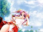  artist_request cloud day forest ikenai_shutter_chance! nature outdoors panties pink_panties purple_hair school_uniform sky solo tree underwear wallpaper wind wind_lift 