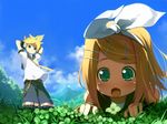  1girl arms_behind_head blonde_hair blush brother_and_sister child chinchickrin clover day fang four-leaf_clover green_eyes hair_ornament hairclip kagamine_len kagamine_rin open_mouth short_hair siblings sky tree twins vocaloid 