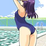  armpits arms_up ass bad_id bad_pixiv_id chain-link_fence day dd_(ijigendd) fence long_hair one-piece_swimsuit original outdoors pool pool_ladder poolside purple_hair school_swimsuit solo swimsuit 