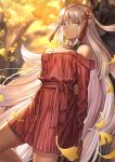  ahoge arms_behind_back autumn_leaves bag bangs black_bow black_shirt blurry blurry_background bow breasts buttons casual closed_mouth commentary dark_skin dress expressionless eyebrows_visible_through_hair fate/grand_order fate_(series) floating_hair hair_between_eyes hair_bow hair_ornament hand_on_own_arm handbag highres holding holding_bag knee_up large_breasts leaves_in_wind long_hair looking_at_viewer mashu_003 off-shoulder_dress off_shoulder okita_souji_(alter)_(fate) okita_souji_(fate)_(all) outdoors red_dress sash shirt sidelocks sleeveless solo striped striped_dress sunset tassel thighs tied_hair tree tsurime twitter_username undershirt vertical-striped_dress vertical_stripes very_long_hair white_hair wind yellow_eyes 