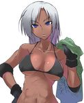  abs akane_yuki bikini bikini_top blue_eyes breasts dark_skin elbow_pads gloves hand_on_hip large_breasts navel silver_hair solo swimsuit toned towel underboob vanessa_lewis virtua_fighter white_background 