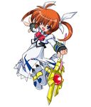  :d bow bowtie dress fingerless_gloves gloves holding holding_weapon kei_(fortune) left-handed long_sleeves lyrical_nanoha magazine_(weapon) magical_girl mahou_shoujo_lyrical_nanoha mahou_shoujo_lyrical_nanoha_a's open_mouth polearm purple_eyes raising_heart red_bow red_hair red_neckwear rod smile solo sphere staff takamachi_nanoha twintails weapon white_dress 
