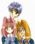  90s angel_flavor artbook bow glasses hair_intakes kusunoki_hatsumi matsumoto_kurumi multiple_girls nanase_aoi one_eye_closed ouse_chinami round_eyewear school_uniform seraphim_call twintails white_background 