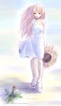  dandelion dress flower full_body hat hat_removed headwear_removed holding holding_hat long_hair naruse_chisato original pink_hair sandals solo standing sundress 