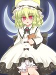  black_bow black_neckwear blonde_hair bloomers blush book bow bowtie brooch dress eyebrows eyebrows_visible_through_hair fairy_wings frills gem holding holding_book jewelry layered_dress long_sleeves luna_child red_eyes ry solo touhou underwear white_bloomers white_dress wings 