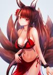  1girl akagi_(azur_lane) alternate_costume animal_ears azur_lane bangs bikini blush breasts brown_hair cleavage closed_mouth collarbone eyebrows_visible_through_hair flower fox_ears fox_tail hair_flower hair_ornament large_breasts long_hair looking_at_viewer multiple_tails navel red_bikini red_eyes red_sarong sarong scrunchie smile stomach swimsuit tail west_(vaem5527) wrist_scrunchie 