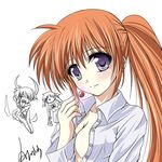  amicis brown_hair long_hair lyrical_nanoha mahou_shoujo_lyrical_nanoha no_bra open_clothes open_shirt purple_eyes raising_heart shirt solo takamachi_nanoha 