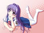  clannad feet fujibayashi_kyou hikarizaka_private_high_school_uniform kakesu long_hair purple_eyes purple_hair school_uniform solo thighhighs zettai_ryouiki 