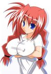  alternate_breast_size artist_request bangs blue_eyes braid breast_hold breasts covered_nipples crossed_arms dress from_side large_breasts light_smile long_hair looking_at_viewer lyrical_nanoha mahou_shoujo_lyrical_nanoha mahou_shoujo_lyrical_nanoha_a's older red_hair scrunchie shadow shirt short_sleeves simple_background sketch smile solo t-shirt taut_clothes taut_dress twin_braids upper_body vita white_background white_dress 