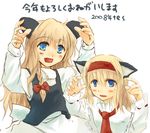  2girls alice_margatroid animal_ears blonde_hair blue_eyes blush cat_ears chinese_zodiac embarrassed hairband hands kemonomimi_mode kirisame_marisa lowres mouse_ears multiple_girls new_year no_hat no_headwear sweatdrop tes_(unpre) touhou translated year_of_the_rat 