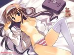  bag blue_eyes breasts brown_hair galge.com long_hair lying medium_breasts nipples no_bra open_clothes open_shirt original panties school_bag school_uniform serafuku shirt sikorsky solo striped striped_panties thighhighs underwear white_legwear 