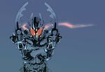  artist_request glowing glowing_eyes horns kamen_rider kamen_rider_gatack kamen_rider_kabuto_(series) male_focus solo sword weapon 