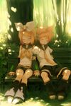  1girl bench blonde_hair brother_and_sister chinchickrin closed_eyes dappled_sunlight detached_sleeves forest hair_ornament hair_ribbon hairclip headset holding_hands kagamine_len kagamine_rin leg_warmers nature necktie ribbon school_uniform serafuku short_hair shorts siblings sitting sleeping sleeping_upright sunlight twins vocaloid yellow_neckwear 