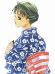  90s angel_flavor artbook fan folding_fan green_hair hair_ornament highres hiiragi_saeno japanese_clothes kimono nanase_aoi seraphim_call solo white_background 