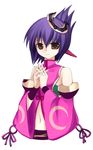  ar_tonelico ar_tonelico_ii detached_sleeves dress folded_ponytail long_sleeves looking_at_viewer luca_truelywaath navel own_hands_together pink_dress purple_hair red_eyes seo_tatsuya short_hair simple_background solo stomach white_background 