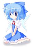  barefoot blue_eyes blue_hair blush_stickers bow cirno dress hair_bow r_pascal sitting solo touhou wings 