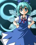  &gt;:) 1girl aqua_hair blue_eyes cirno hands_on_hips kobanzame short_hair smile solo touhou v-shaped_eyebrows wings 