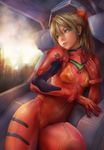  bad_id bad_pixiv_id bangs blue_eyes bodysuit bracer breasts brown_hair building cityscape cloud cloudy_sky cockpit cowboy_shot gloves hair_between_eyes hand_on_own_chest head_tilt headgear highres leaning_to_the_side lips long_hair looking_away miche neon_genesis_evangelion number parted_bangs parted_lips pilot_suit plugsuit realistic reclining red_bodysuit sky skyscraper small_breasts solo souryuu_asuka_langley sunset thighs turtleneck 