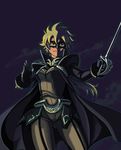  black_bodysuit blonde_hair bodysuit bowieknife breasts cape epee green_eyes large_breasts mask my-otome rapier sara_gallagher solo sword weapon 