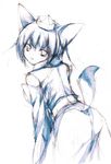  animal_ears ass detached_sleeves fang hat inubashiri_momiji leaning_forward looking_back monochrome repair sketch smile solo tail tokin_hat touhou traditional_media wolf_ears 