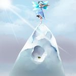  chirigami-san cirno frog ice light_rays outstretched_arms solo standing standing_on_one_leg sunbeam sunlight touhou wings 