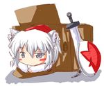  animal_ears box hat inubashiri_momiji lowres r_pascal shield sleepy solo sword tokin_hat touhou weapon white_hair wolf_ears 