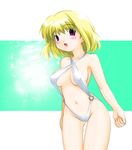  bikini blonde_hair blush breasts cowboy_shot kei_(fortune) large_breasts lyrical_nanoha mahou_shoujo_lyrical_nanoha mahou_shoujo_lyrical_nanoha_a's navel open_mouth shamal short_hair slingshot_swimsuit solo swimsuit white_bikini 