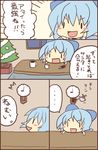  1girl 4koma aoi_tobira blush_stickers chibi christmas christmas_tree cirno clock comic cuckoo_clock cup kotatsu mug spoken_ellipsis table touhou translated |_| 