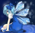  artist_request blue_bow blue_dress blue_eyes blue_hair bow cirno dress eyebrows_visible_through_hair flat_chest full_body ice ice_wings looking_at_viewer puffy_short_sleeves puffy_sleeves short_hair short_sleeves sitting solo source_request touhou wings 