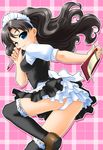  black_hair black_legwear blue_eyes clipboard fate/stay_night fate_(series) kneehighs long_hair long_legs non-web_source panties pantyshot pen socks solo thighhighs toosaka_rin underwear waitress 