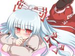  armlet bangs blunt_bangs blush buckle eyebrows eyebrows_visible_through_hair feet_up fujiwara_no_mokou loafers long_sleeves looking_at_viewer lying ofuda on_stomach pants red_eyes ry shoe_soles shoes simple_background solo suspenders touhou white_background 
