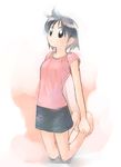  barefoot black_eyes black_hair black_skirt blush full_body ikeda_jun_(mizutamari) kneeling looking_at_viewer miniskirt original shirt short_hair short_sleeves skirt solo t-shirt toes 